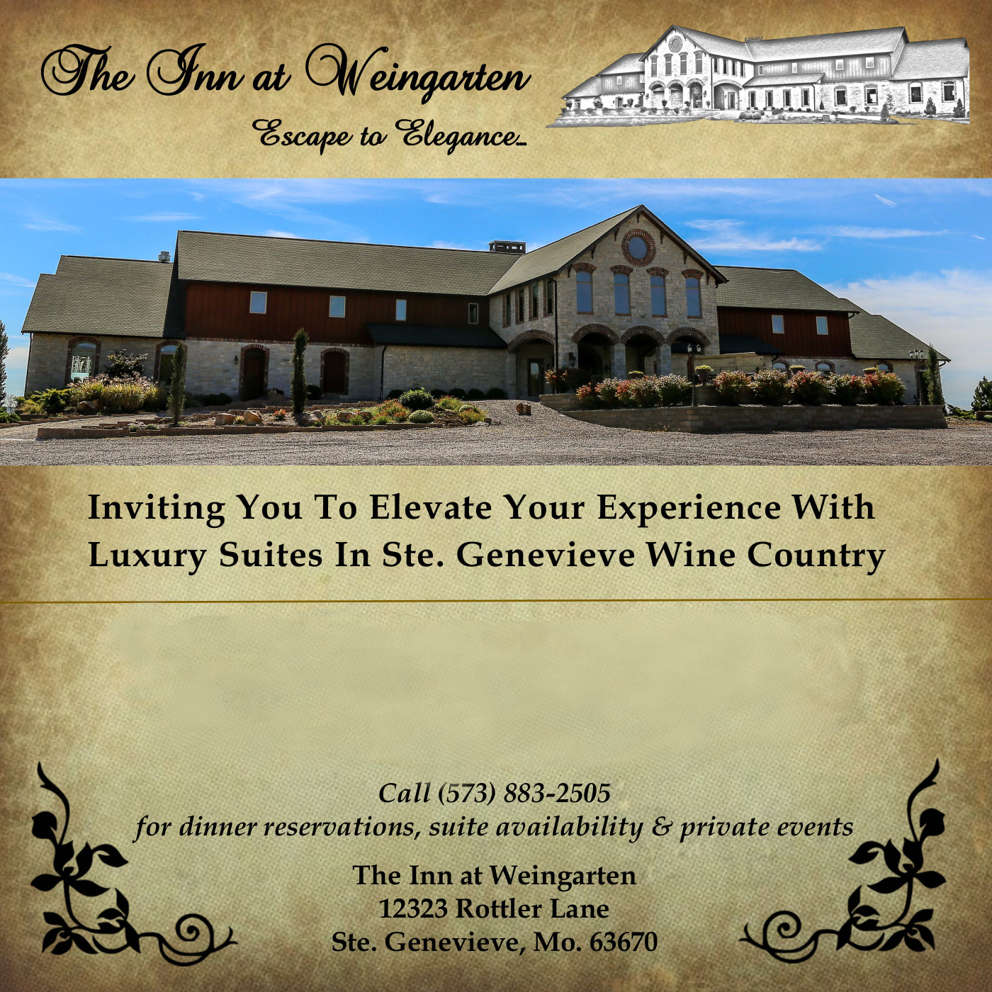 Coming soon, The Inn at Weingarten.  Call for details 573-883-2505. 12323 Rottler Lane, Ste. Genevieve, MO 63670